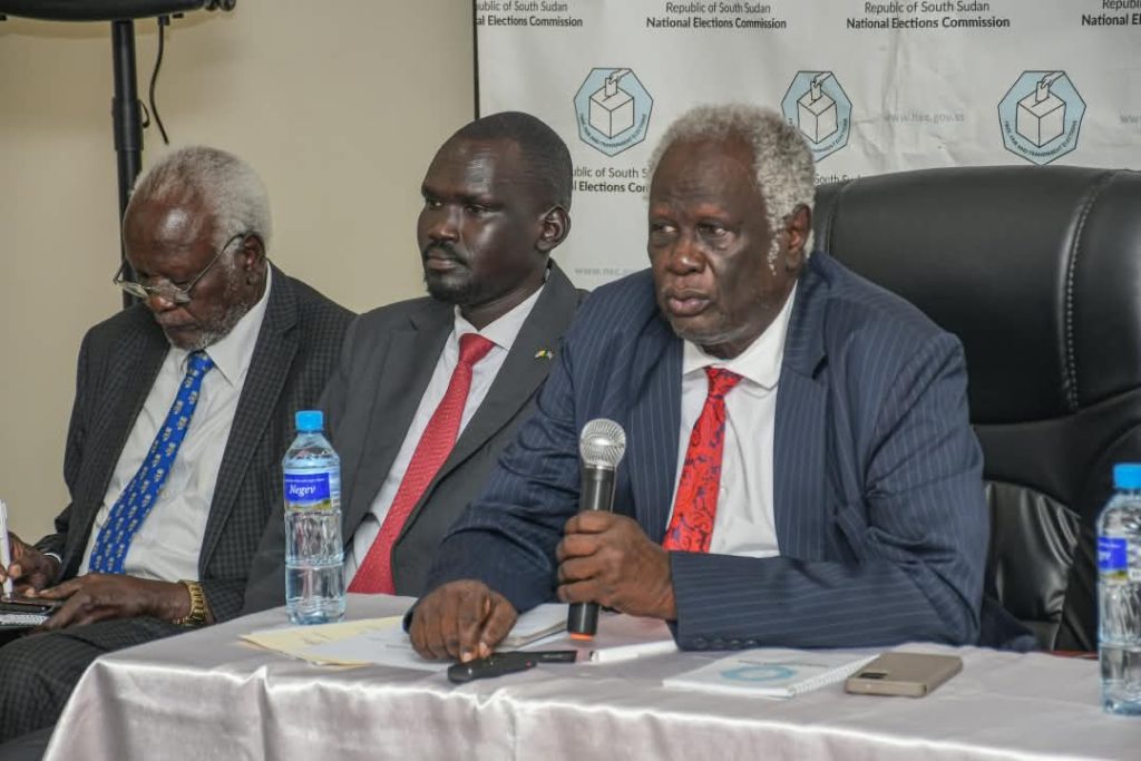 Chairperson of the National Elections Commission Prof. Abednego Akok Kacuol addresses the training