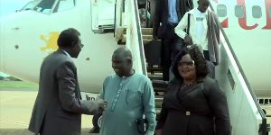 NEC Chairperson Hon. Gabriel Bol Deng is welcomed on his arrival at Juba International Airport from South Africa