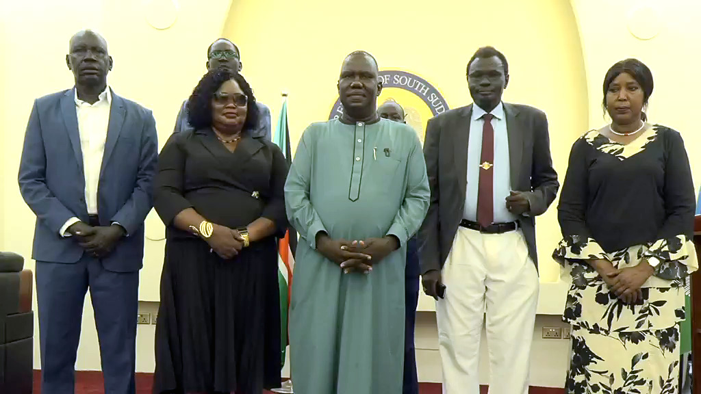 Hon. Gabriel Bol Deng (centre) with the officials who received him at Juba International Airport