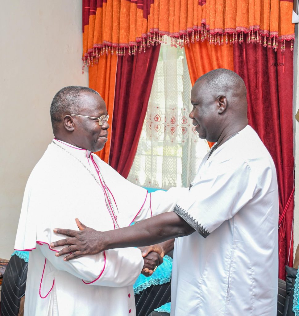 His Eminence Cardinal Stephen Ameyu Martin Mulla welcomes the Chairperson of the National Elections Commission, Hon. Gabriel Bol Deng