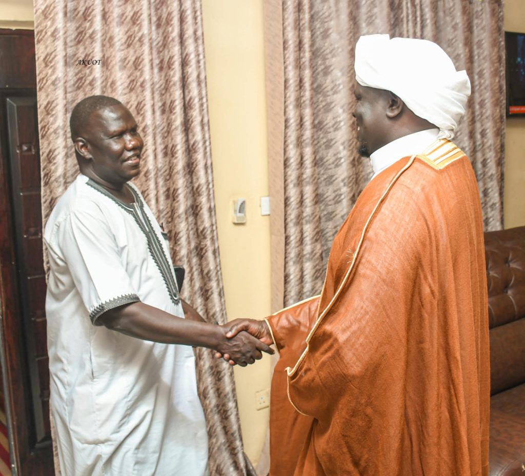 The Chairperson of the National Elections Commission, Hon. Gabriel Bol Deng, is received by His Eminence Sheikh Dr. Abdalla Barang Rwal in Juba